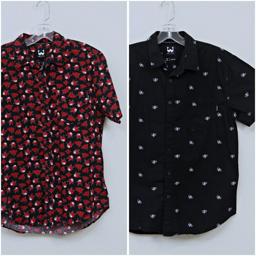 Bundle of 2 WXYZ Skull & Roses Button Down Short Sleeve Shirts Black Red Men‎ M
